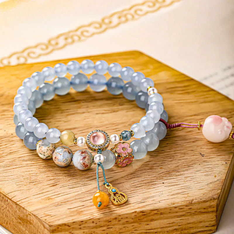 Buddha Stones Blue Chalcedony Fu Character Cat Paw Healing Bracelet