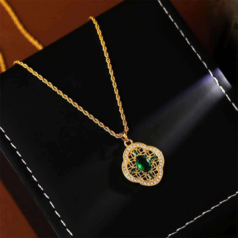 Buddha Stones Four Leaf Clover Hollow Design Copper Plated Gold Chain Luck Necklace Pendant